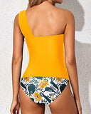 Emoswim - Women's 2 Piece Tankini One Shoulder Top & Tummy Control Shorts-Yellow Floral
