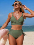 Emoswim - Women's High Waisted Bikini Sets Drawstring Tummy Control Swimsuits Crisscross Tie Back Bathing Suit