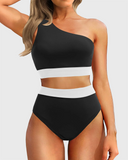 Emoswim - One-Shoulder High Waist Bikini-Sets Zweiteiliger Badeanzug Bauchweg - Schwarz Weiß