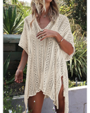 Emoswim - See-Through Crochet Hollow Irregular Cover Up-Beige