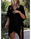 Emoswim - See-Through Crochet Hollow Irregular Cover Up-Black