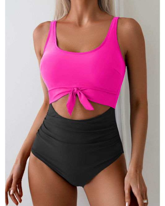 Emoswim - Women's One Piece Swimsuit Tummy Control Slimming Bathing Suit Cutout Tie Knot Swimwear-Rose