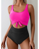 Emoswim - Women's One Piece Swimsuit Tummy Control Slimming Bathing Suit Cutout Tie Knot Swimwear-Rose