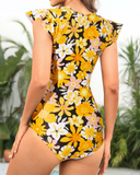 Emoswim - Women's High Neck Short Sleeve One Piece Rash Guard-Yellow Flowers