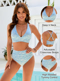 Emoswim - Women Embroidery Print High Waisted Bikini Sets V Neck Tummy Control Bathing Suit Two Piece Curvy Swimsuits