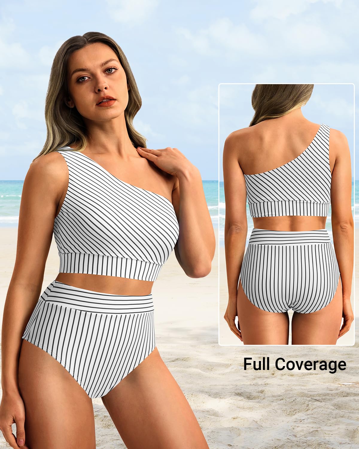 Emoswim - One Shoulder High Waisted Bikini Sets Two Piece Swimsuit Tummy Control-Black Stripes