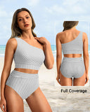 Emoswim - One Shoulder High Waisted Bikini Sets Two Piece Swimsuit Tummy Control-Black Stripes