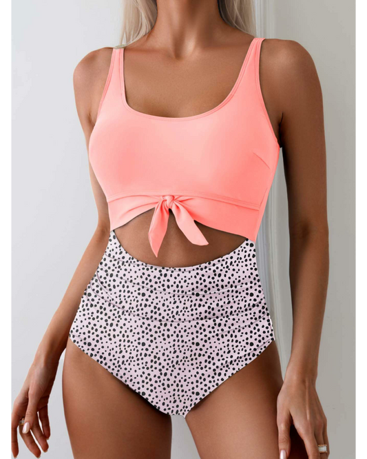 Emoswim - Women's One Piece Swimsuit Tummy Control Slimming Bathing Suit Cutout Tie Knot Swimwear-Pink