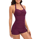 Emoswim - Women Tummy Control One Piece Swimsuits Shorts Boyleg-Maroon
