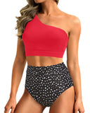 Emoswim - One-Shoulder High Waist Bikini-Sets Zweiteiliger Badeanzug Bauchweg - Roter Punkt