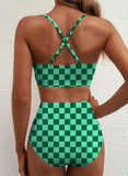 Emoswim - Sommer Zweiteiliges Bikini-Set U-Bügel Cut-Out High Waist Badeanzug - Grün Kariert