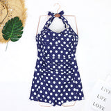 Emoswim - Women Tummy Control One Piece Swimsuits Shorts Boyleg-Blue Dots