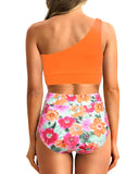 Emoswim - One-Shoulder High Waist Bikini-Sets Zweiteiliger Badeanzug Bauchweg - Orange Floral