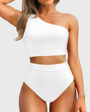 Emoswim - One Shoulder High Waisted Bikini Sets Two Piece Swimsuit Tummy Control-White