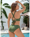 Emoswim - Women's Bikini Set Petal Hollow V Neck Two Piece Swimsuit-Army Green
