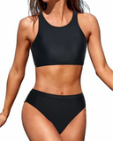 Emoswim - High Neck Crop Top Bikini Set 2 Piece Bathing Suits For Teen Girls-Black