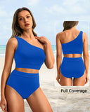 Emoswim - One Shoulder High Waisted Bikini Sets Two Piece Swimsuit Tummy Control-Blue