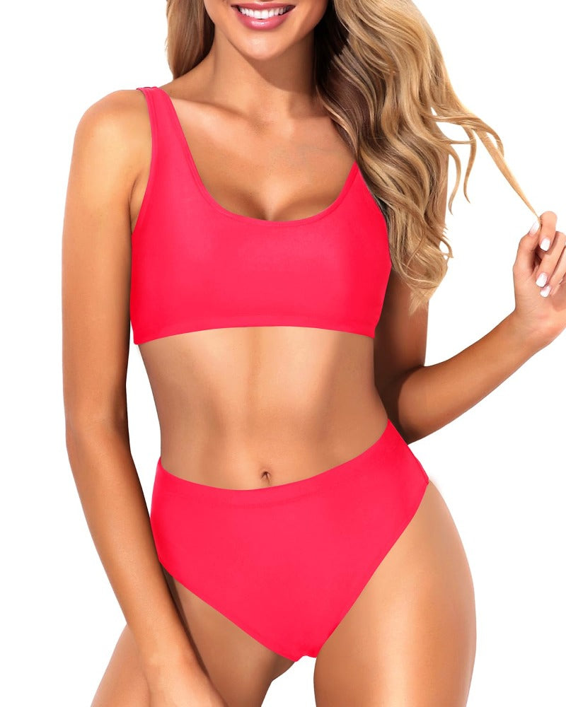 Emoswim - Tummy Hiding High Waisted Bikini Two Piece Scoop Neck Bikini For Women-Neon Red