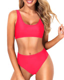 Emoswim - Tummy Hiding High Waisted Bikini Two Piece Scoop Neck Bikini For Women-Neon Red