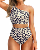 Emoswim - One Shoulder High Waisted Bikini Sets Two Piece Swimsuit Tummy Control-Leopard