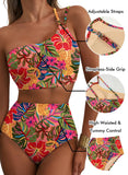 Emoswim - Women's High Waisted Bikini Sets One Shoulder Floral Print Swimsuits 2 piece Tummy Control Bathing Suits