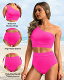 Emoswim - One-Shoulder High Waist Bikini-Sets Zweiteiliger Badeanzug Bauchweg - Pink
