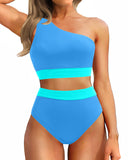 Emoswim - One Shoulder High Waisted Bikini Sets Two Piece Swimsuit Tummy Control-Blue Green