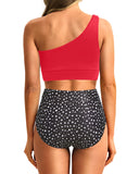 Emoswim - One-Shoulder High Waist Bikini-Sets Zweiteiliger Badeanzug Bauchweg - Roter Punkt