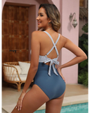 Emoswim - Womens One Piece Swimsuits Push Up Tummy Control Bathing Suits V Neck Cutout Modest Swimwear-White/Blue