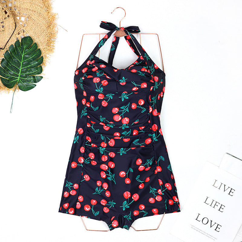 Emoswim - Women Tummy Control One Piece Swimsuits Shorts Boyleg-Cherry