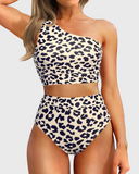Emoswim - One Shoulder High Waisted Bikini Sets Two Piece Swimsuit Tummy Control-Leopard