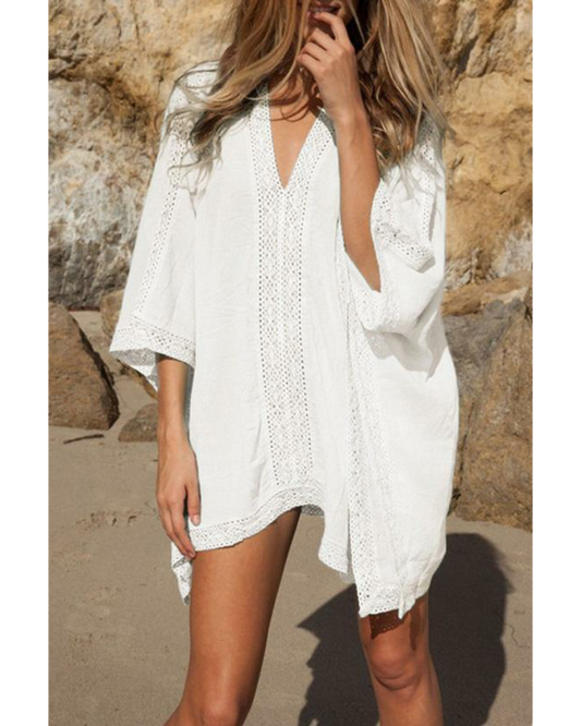 Emoswim - White V-Neck Loose Cover Up-White
