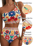 Emoswim - Women's High Waisted Bikini Sets One Shoulder Floral Print Swimsuits 2 piece Tummy Control Bathing Suits
