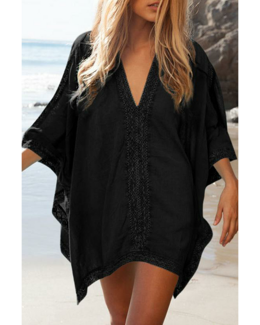 Emoswim - White V-Neck Loose Cover Up-Black