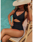 Emoswim - Womens One Piece Swimsuits Push Up Tummy Control Bathing Suits V Neck Cutout Modest Swimwear-Black