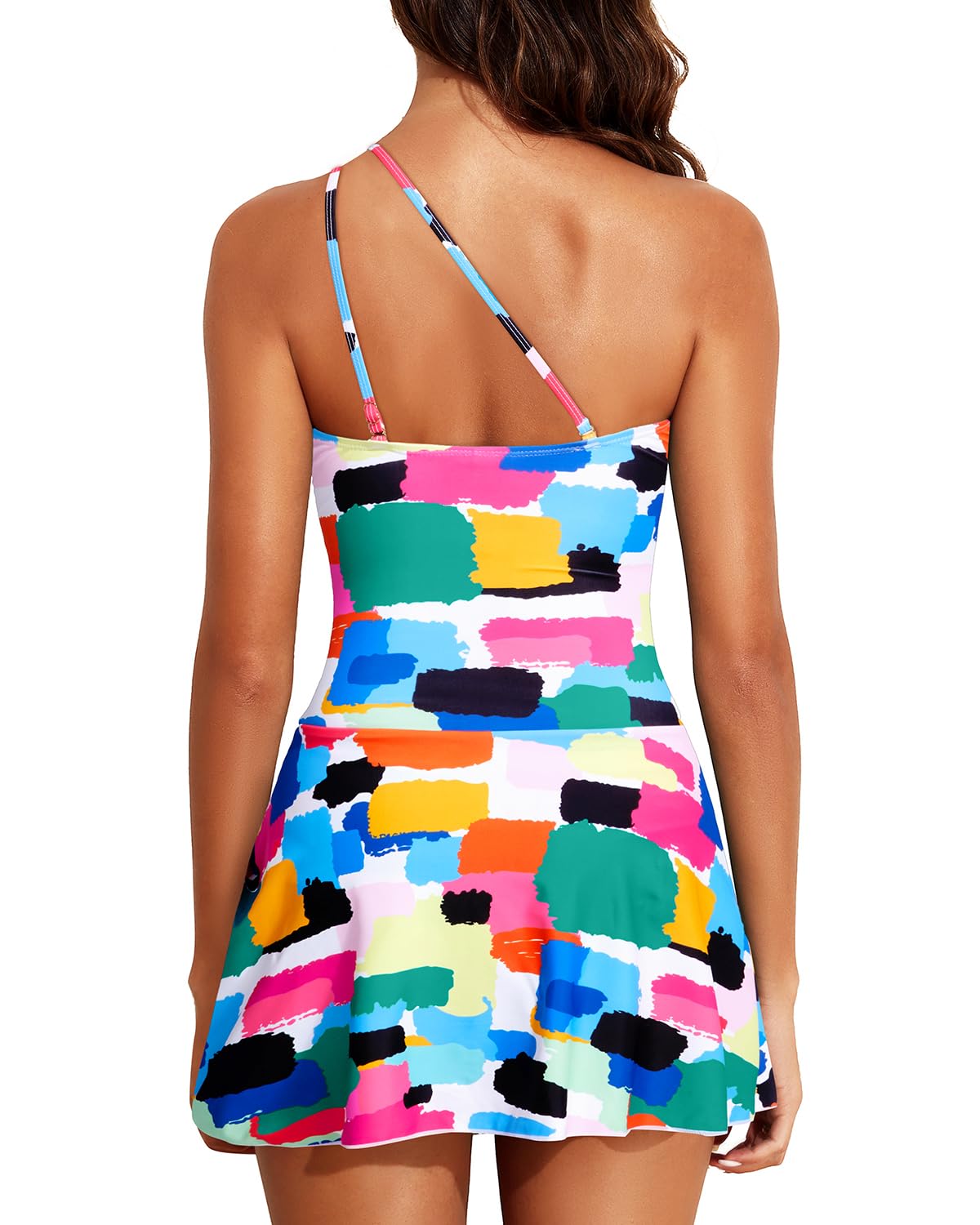 Emoswim - Women One Piece Swim Dress One Shoulder Swimsuit with Skirt-Color Block