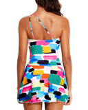 Emoswim - Women One Piece Swim Dress One Shoulder Swimsuit with Skirt-Color Block