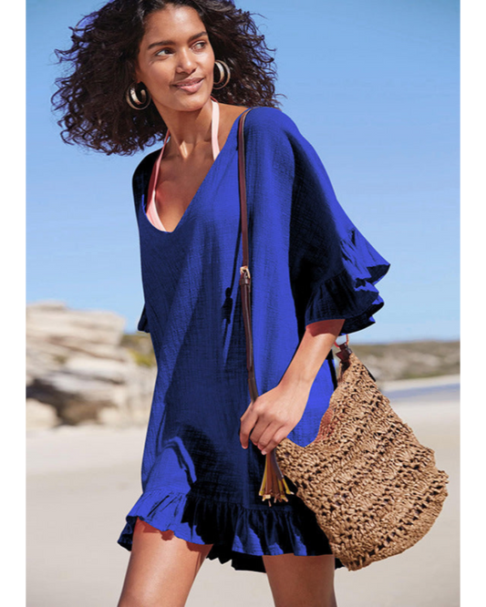 Emoswim - V Neck Solid Color Cover Up-Blue