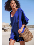 Emoswim - V Neck Solid Color Cover Up-Blue