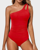 Emoswim - One Shoulder One Piece Swimsuit for Women Tummy Control Bathing Suits-Red