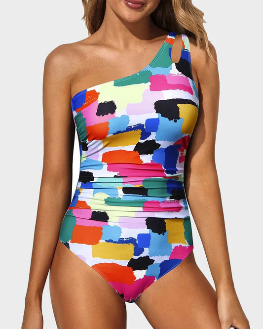 Emoswim - One Shoulder One Piece Swimsuit for Women Tummy Control Bathing Suits-Grid