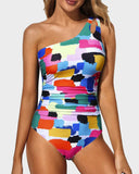 Emoswim - One Shoulder One Piece Swimsuit for Women Tummy Control Bathing Suits-Grid