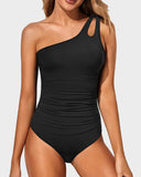 Emoswim - One Shoulder One Piece Swimsuit for Women Tummy Control Bathing Suits-Black