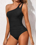 Emoswim - One Shoulder One Piece Swimsuit for Women Tummy Control Bathing Suits-Black