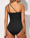 Emoswim - One Shoulder One Piece Swimsuit for Women Tummy Control Bathing Suits-Black
