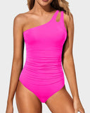 Emoswim - One Shoulder One Piece Swimsuit for Women Tummy Control Bathing Suits-Pink