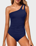 Emoswim - One Shoulder One Piece Swimsuit for Women Tummy Control Bathing Suits-Navy Blue