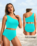 Emoswim - One Shoulder High Waisted Bikini Sets Two Piece Swimsuit Tummy Control-Aqua