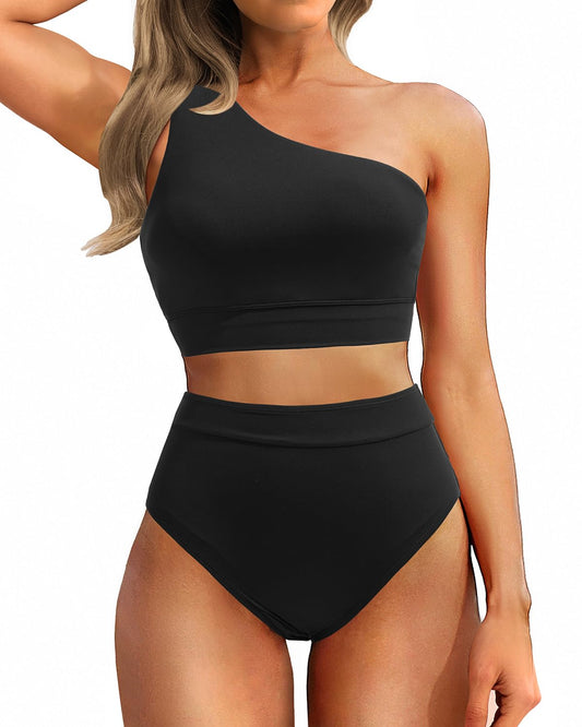 Emoswim - One Shoulder High Waisted Bikini Sets Two Piece Swimsuit Tummy Control-Black
