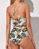 Emoswim - Tummy Control Two Piece Bikini Set Deep V Neckline-Leaves